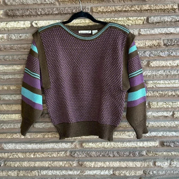 Vintage 90s Jason Maxwell Purple Brown Popcorn Knit Striped Sleeves Sweater - Picture 1 of 6